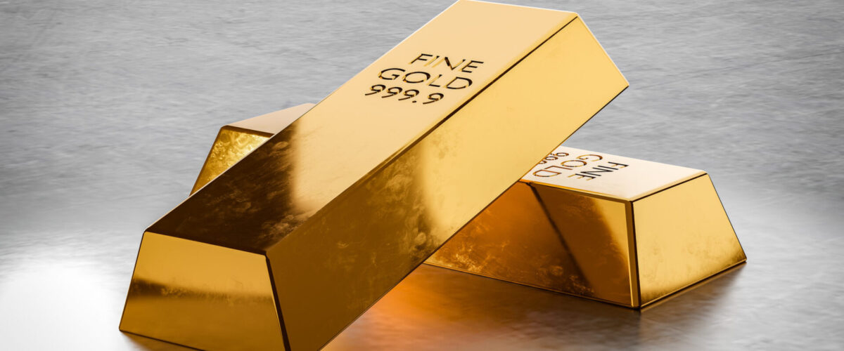 Gold. price gold on stock exchanges. Two Gold bars or bullion on grey metal background. Financial, global world economic or gold trading in commodity market concept. 3d rendering