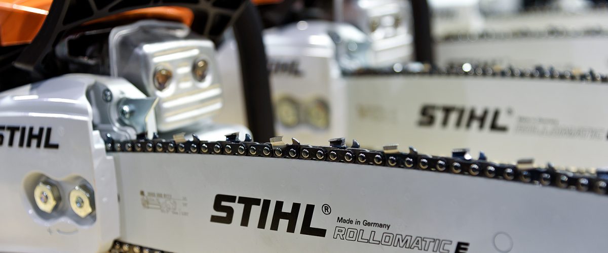 Kielce, Poland, March 16, 2019: Presentation of Stihl chainsaws during The Agrotech 2019 Exhibition in Kielce. Stihl is famous german manufacturer of chainsaws and other handheld power equipment.